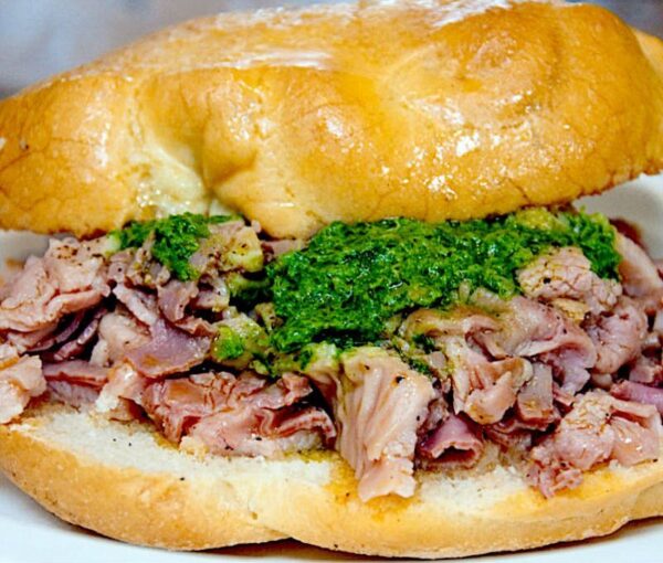 A panino con lampredotto: Florence's famous tripe sandwich