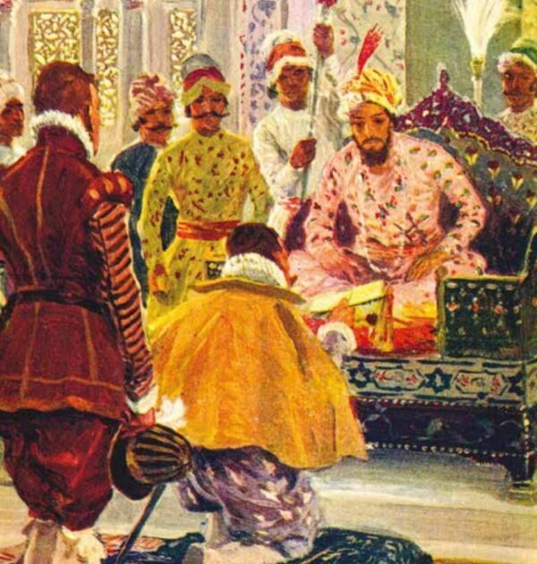 Hawkins Presenting King James’s Letter To The Great Mogul – an illustration from the 1912 book, The Romance of India (artist unknown)