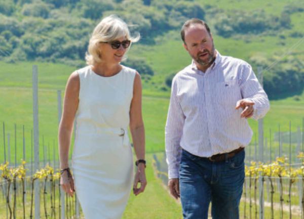 Mark and Sarah Driver survey the vines on their Rathfinny Estate