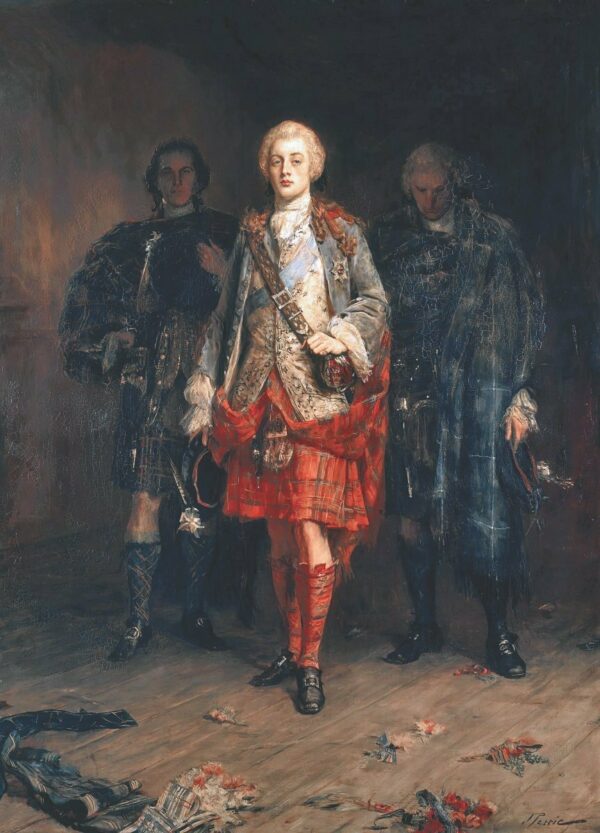 Charles Edward Stuart (Bonnie Prince Charlie), in the ballroom at Holyrood Palace in 1745, painted by John Pettie. In 1916 the painting was given to George V