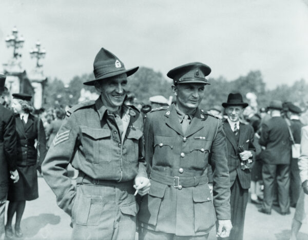Sergeant Jack Hinton (1909-1997, left) and Captain Charles Upham (1908-1994) are awarded the Victoria Cross (VC), at Buckingham Palace, 11 May 1945