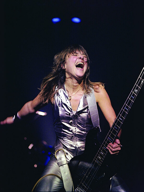 Suzi onstage in a trademark leather jumpsuit, c. 1975