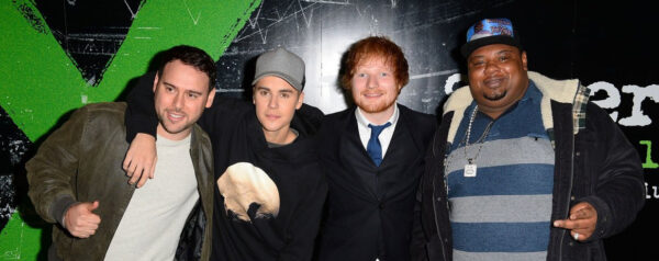 Big Narstie with Scooter Braun, Justin Bieber and Ed Sheeran at the world premiere of Ed Sheeran: Jumpers For Goalposts at the Odeon Leicester Square, 2015