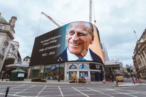 A tribute to the Prince at London’s Piccadilly Circus, April 2021