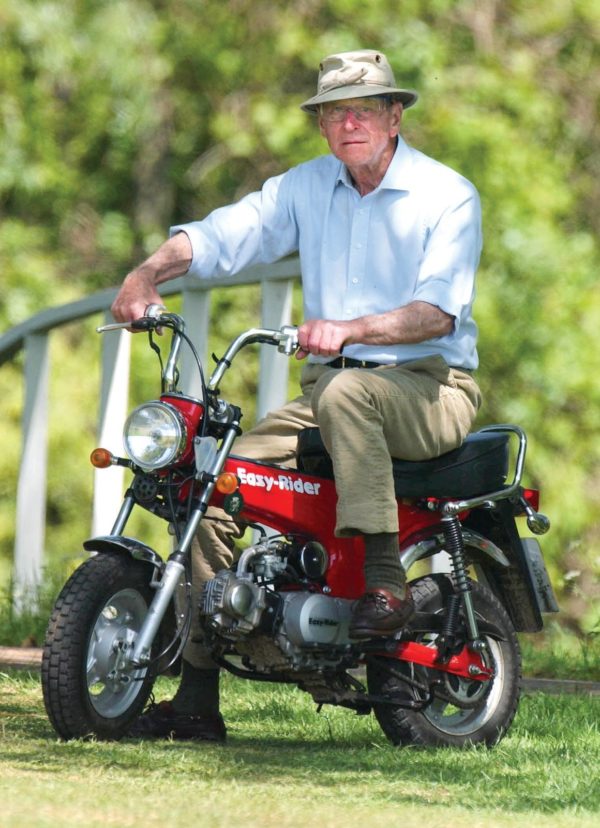 He was forced to quit polo by arthritis at age 50, but Philip rode his mini Easy Rider motorbike (shown here in 2002) well into his 90s