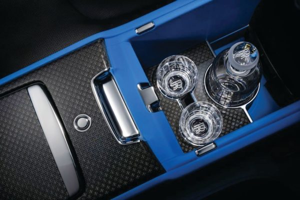 Rear cabin drinks fridge and fluted glasses – the ultimate in sybaritic style