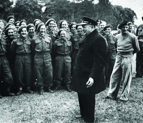Churchill addressing Allied troops in France in 1944