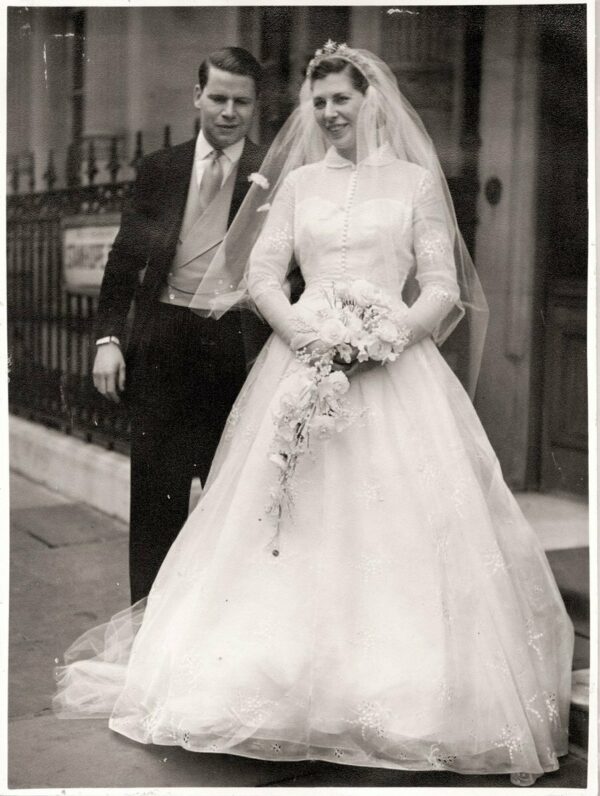 Jean Campbell- Harris (the future Baroness Trumpington) with her husband William Barker at their wedding