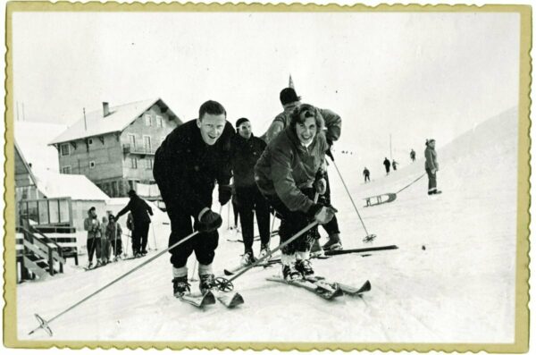 The future Baroness Trumpington skiing in the Alps in early 1951 with a former beau, much-mentioned in her letters