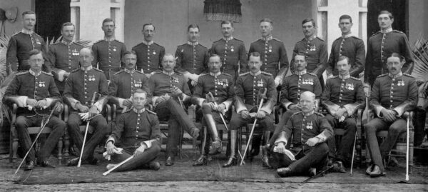 Officers of the 2nd Battalion The Prince of Wales ( North Staffordshire Regiment ) outside the officers mess Multan, India 1908.