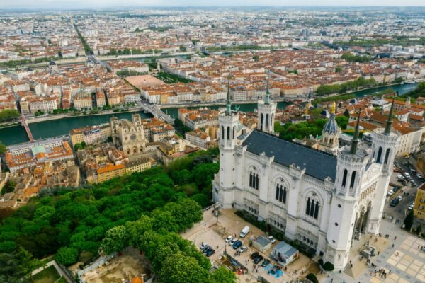 The cathedral of St. John the Baptist with Lyon's two rivers in the background, The Rhône and the Saône