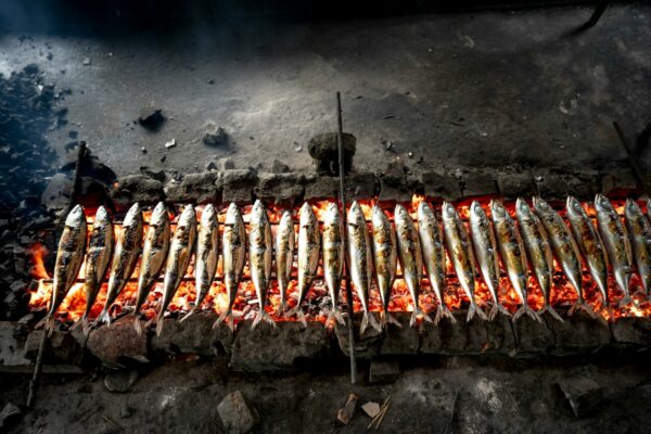 Sardines grilling on a charcoal brazier