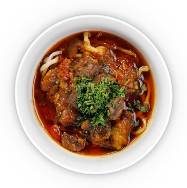 Laghman, noodle soup with fried lamb